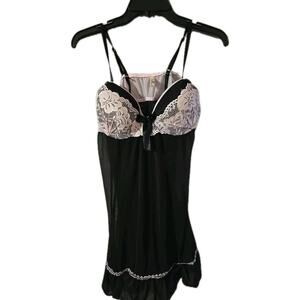 Per Lei Black Floral Lace Padded Semi-Sheer Underwire Chemise Babydoll Size XL